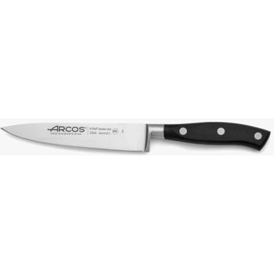 Arcos Koksmes gesmeed van staal. Veelzijdig mes voor het snijden van vlees en groenten. Ergonomische handgreep van polyoxymethyleen en lemmet van 150 mm. Riviera-serie. Kleur: zwart. Arcos Koksmes gesmeed van staal. Veelzijdig mes voor het snijden van vlees en groenten. Ergonomische handgreep van polyoxymethyleen en lemmet van 150 mm. Riviera-serie. Kleur: zwart.