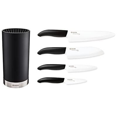 Kyocera KB-RD BK 4KN FK EU keramische messenset met universeel mes, Santoku-mes en rond blok voor 8 messen, met de hand geslepen keramische zirkonia lemmet Kyocera KB-RD BK 4KN FK EU keramische messenset met universeel mes, Santoku-mes en rond blok voor 8 messen, met de hand geslepen keramische zirkonia lemmet