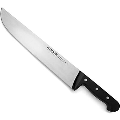 Arcos Slagersmes met 300 mm Nitrum roestvrijstalen lemmet. 394 g. Professioneel slagersmes, ergonomische handgreep POM. Universele serie. Kleur: zwart. Arcos Slagersmes met 300 mm Nitrum roestvrijstalen lemmet. 394 g. Professioneel slagersmes, ergonomische handgreep POM. Universele serie. Kleur: zwart.
