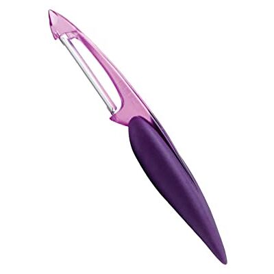 mastrad F20005 Dunschiller voor groenten en fruit, eenvoudige bediening, serie Elios, dubbele rand, roestvrijstalen lemmet, tweehandig, vaatwasmachinebestendig, paars mastrad F20005 Dunschiller voor groenten en fruit, eenvoudige bediening, serie Elios, dubbele rand, roestvrijstalen lemmet, tweehandig, vaatwasmachinebestendig, paars