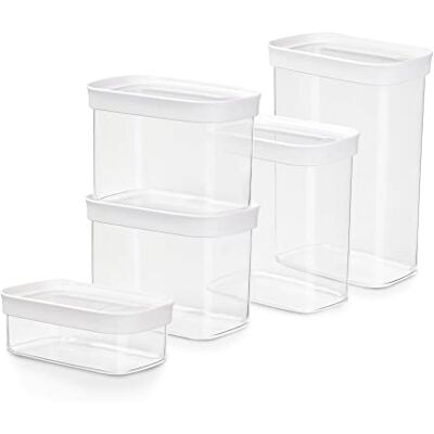 Emsa Optima N1142800 Set van 5 droogdozen, rechthoekig, 0,45, 2 x 1, 1,6, 2,2 l, 100% veilig, hygiënisch, ruimtebesparend, verse afdichting, transparant design Emsa Optima N1142800 Set van 5 droogdozen, rechthoekig, 0,45, 2 x 1, 1,6, 2,2 l, 100% veilig, hygiënisch, ruimtebesparend, verse afdichting, transparant design
