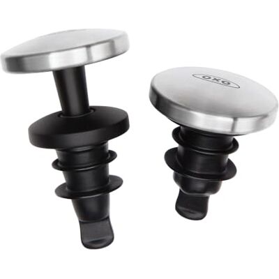 OXO Lot de 2 bouchons de bouteille de vin anti-fuite en acier De afdichting trekt automatisch in, de nauwkeurige grip van de dop voorkomt wegglijden of lekken OXO Lot de 2 bouchons de bouteille de vin anti-fuite en acier De afdichting trekt automatisch in, de nauwkeurige grip van de dop voorkomt wegglijden of lekken
