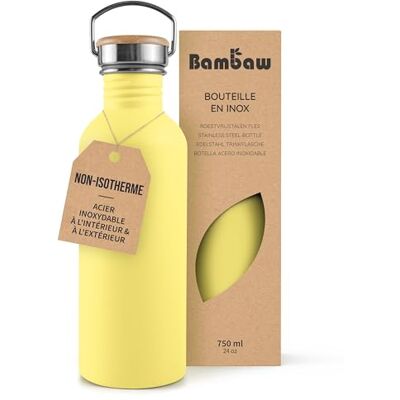 Bambaw Roestvrijstalen drinkfles, 750 ml, gele sportfles, niet-geïsoleerde waterfles, herbruikbare drinkfles 750 ml, wandelfles, imperiaal geel Bambaw Roestvrijstalen drinkfles, 750 ml, gele sportfles, niet-geïsoleerde waterfles, herbruikbare drinkfles 750 ml, wandelfles, imperiaal geel
