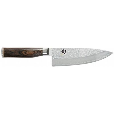 Kai Shun Premier Tim Mälzer Japans koksmes 15 cm VG-MAX 61 HRC-kern, gepolijst damaststaal met 32 lagen middenbruin pakkawood handvat gehamerde afwerking gemaakt in Japan Kai Shun Premier Tim Mälzer Japans koksmes 15 cm VG-MAX 61 HRC-kern, gepolijst damaststaal met 32 lagen middenbruin pakkawood handvat gehamerde afwerking gemaakt in Japan