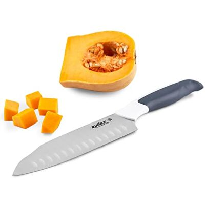 Zyliss Santoku-mes 18 cm comfortabel Japans roestvrij staal zachte handgreep veiligheidshoes zwart wit professioneel keukenmes groentemes hakmes passeren Zyliss Santoku-mes 18 cm comfortabel Japans roestvrij staal zachte handgreep veiligheidshoes zwart wit professioneel keukenmes groentemes hakmes passeren