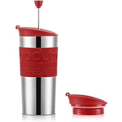 Bodum K11067-04 Travel Press Set dubbelwandige roestvrijstalen thermobeker met extra deksel, 0,35 l Bodum K11067-04 Travel Press Set dubbelwandige roestvrijstalen thermobeker met extra deksel, 0,35 l