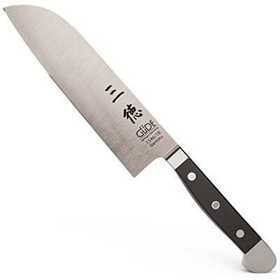Güde Solingen Santoku gesmeed, 18 cm, POM zwart, ALPHA, dubbele appel, handgemaakt in Duitsland Güde Solingen Santoku gesmeed, 18 cm, POM zwart, ALPHA, dubbele appel, handgemaakt in Duitsland