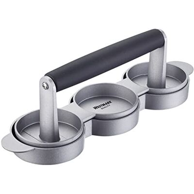 Westmark Mini hamburgermaker, vorm 3 mini-poten (Ø ca. 6,5 cm) tegelijkertijd, aluminium/kunststof, Trio, zilver/zwart, 62232260 Westmark Mini hamburgermaker, vorm 3 mini-poten (Ø ca. 6,5 cm) tegelijkertijd, aluminium/kunststof, Trio, zilver/zwart, 62232260