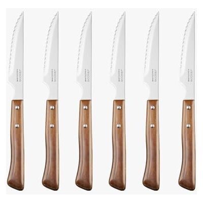 Arcos 6-delige vleesmessenset, steakmessenset met een parelmes voor het snijden en snijden van vlees. Roestvrijstalen lemmet, Mesa-serie. Arcos 6-delige vleesmessenset, steakmessenset met een parelmes voor het snijden en snijden van vlees. Roestvrijstalen lemmet, Mesa-serie.