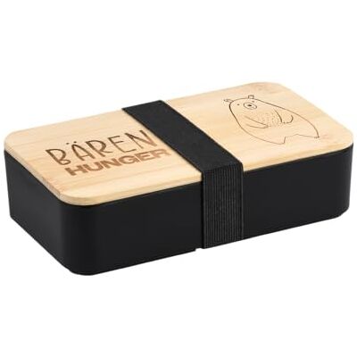 Kesper Broodtrommel "Hunger beer", materiaal: zwart plastic, FSC-gecertificeerd bamboedeksel, met flexibele stoffen band, afmetingen: 18,5 x 10,5 x 5 cm 58540 Kesper Broodtrommel "Hunger beer", materiaal: zwart plastic, FSC-gecertificeerd bamboedeksel, met flexibele stoffen band, afmetingen: 18,5 x 10,5 x 5 cm 58540