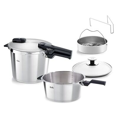 Fissler Vitaquick Premium set van 2 snelkookpannen Ø 22 cm (snelkookpan 6 l + 3,5 l) met inzetstuk, extra glazen deksel, 2 kookstanden, Made in Germany Fissler Vitaquick Premium set van 2 snelkookpannen Ø 22 cm (snelkookpan 6 l + 3,5 l) met inzetstuk, extra glazen deksel, 2 kookstanden, Made in Germany