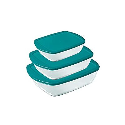 Pyrex ® Cook & Store Set van 3 rechthoekige glazen voorraadschalen met deksel (0,4 l, 1,1 l en 2,5 l) BPA-vrij Pyrex ® Cook & Store Set van 3 rechthoekige glazen voorraadschalen met deksel (0,4 l, 1,1 l en 2,5 l) BPA-vrij