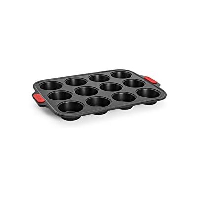 Woll Bakeware 12 muffinvormpjes met siliconen handgrepen, hittebestendig tot 230 °C, PFAS-vrij, dubbellaagse antiaanbaklaag, gealuminiseerd staal, zwart Woll Bakeware 12 muffinvormpjes met siliconen handgrepen, hittebestendig tot 230 °C, PFAS-vrij, dubbellaagse antiaanbaklaag, gealuminiseerd staal, zwart