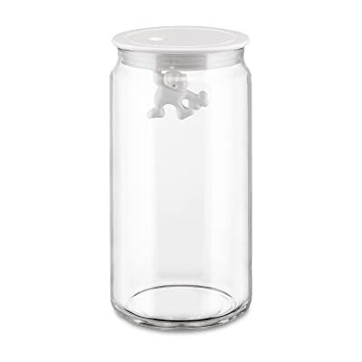 Alessi AMDR06 W Gianni 'A Little Man Holding on Tight' glazen keukenbox met deksel van thermoplastisch hars, wit, 140 cl Alessi AMDR06 W Gianni 'A Little Man Holding on Tight' glazen keukenbox met deksel van thermoplastisch hars, wit, 140 cl