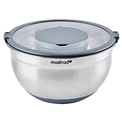mastrad F29464 roestvrijstalen kom, diameter 24 cm, transparant deksel, schaalhouder, antislip onderkant van siliconen, ideaal voor het bereiden, serveren en bewaren van levensmiddelen, 5 l, grijs mastrad F29464 roestvrijstalen kom, diameter 24 cm, transparant deksel, schaalhouder, antislip onderkant van siliconen, ideaal voor het bereiden, serveren en bewaren van levensmiddelen, 5 l, grijs