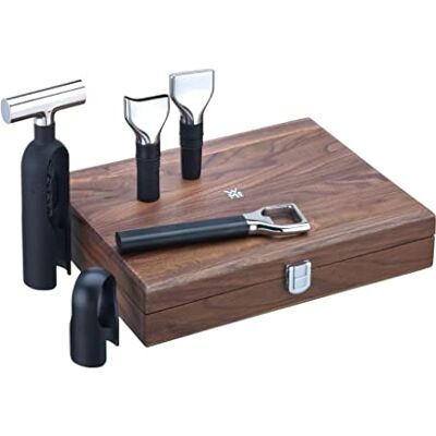 WMF Baric Sommelier Set à vin 5 pièces, tire-bouchon, coupe-capsule, bouchon de bouteille, bec verseur, décapsuleur, dans une boîte en bois de noyer, noir WMF Baric Sommelier Set à vin 5 pièces, tire-bouchon, coupe-capsule, bouchon de bouteille, bec verseur, décapsuleur, dans une boîte en bois de noyer, noir