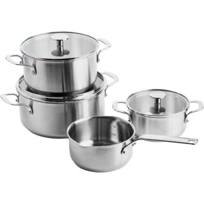 KitchenAid Roestvrijstalen pannenset, 7-delig, kookpannen 16/20/24 cm met 3 glazen deksels en pan 16 cm, zonder coating, inductie, vaatwasmachinebestendig, zilver KitchenAid Roestvrijstalen pannenset, 7-delig, kookpannen 16/20/24 cm met 3 glazen deksels en pan 16 cm, zonder coating, inductie, vaatwasmachinebestendig, zilver