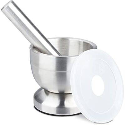 Relaxdays Vijzel met stamper van roestvrij staal met deksel, specerijen, kruiden, antislip handvijzel, Ø 10 cm, 200 ml, grijs Relaxdays Vijzel met stamper van roestvrij staal met deksel, specerijen, kruiden, antislip handvijzel, Ø 10 cm, 200 ml, grijs