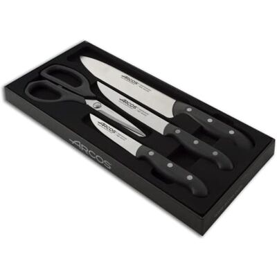 Arcos Vierdelige keukenmessenset. 3 koksmessen en 1 polyoxymethyleen schaar voor het snijden van vlees, vis en groenten. Master Series, kleur zwart. Arcos Vierdelige keukenmessenset. 3 koksmessen en 1 polyoxymethyleen schaar voor het snijden van vlees, vis en groenten. Master Series, kleur zwart.