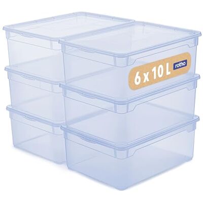 Rotho CLEAR Box Lot de 6 boîtes de rangement 10 l avec couvercle, empilables, peu encombrantes, 36 x 26 x 14 cm, bleu transparent Rotho CLEAR Box Lot de 6 boîtes de rangement 10 l avec couvercle, empilables, peu encombrantes, 36 x 26 x 14 cm, bleu transparent