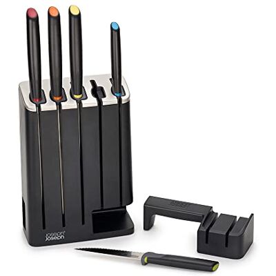 Joseph Joseph Elevate SlimBlock, keukenmessenblok, 5-delig, roestvrij staal, met geïntegreerde keramische slijper, zwart Joseph Joseph Elevate SlimBlock, keukenmessenblok, 5-delig, roestvrij staal, met geïntegreerde keramische slijper, zwart