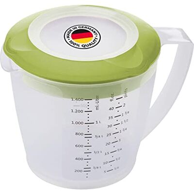 Westmark Roerbeker/doseerder met spatbescherming, deksel en schenktuit, van kunststof, inhoud: 1,4 liter, Helena, transparant/groen, 3105227A Westmark Roerbeker/doseerder met spatbescherming, deksel en schenktuit, van kunststof, inhoud: 1,4 liter, Helena, transparant/groen, 3105227A