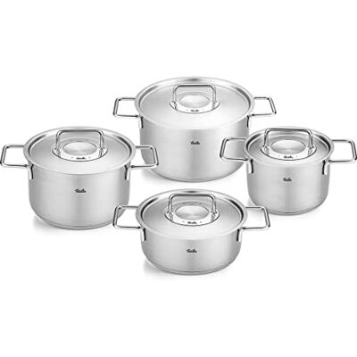 Fissler Pure Collection Set van 4 roestvrijstalen pannen met metalen deksel (3 pannen, 1 pan) inductie groot formaat Fissler Pure Collection Set van 4 roestvrijstalen pannen met metalen deksel (3 pannen, 1 pan) inductie groot formaat