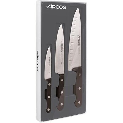 Arcos 3-delige messenset Nitrumstaal. Professioneel keukenmes voor de keuken. 590 gr. Ergonomische handgreep van polyoxymethyleen POM. Universele serie. Kleur zwart. Arcos 3-delige messenset Nitrumstaal. Professioneel keukenmes voor de keuken. 590 gr. Ergonomische handgreep van polyoxymethyleen POM. Universele serie. Kleur zwart.