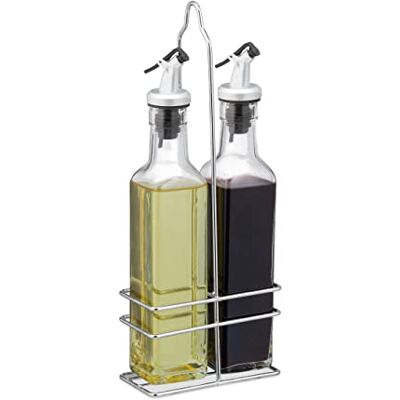 Relaxdays Olie en azijn set, 2 x 500 ml flessen met ijzeren houder, HLP ca. 34 x 13,5 x 7,5 cm, transparant Relaxdays Olie en azijn set, 2 x 500 ml flessen met ijzeren houder, HLP ca. 34 x 13,5 x 7,5 cm, transparant