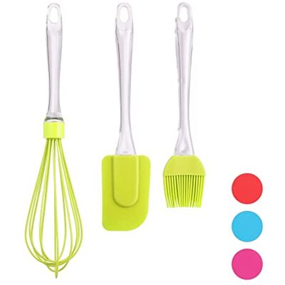 Relaxdays Bakborstel, 3-delige set met kookkwast, schraper en garde, bakaccessoires, groen Relaxdays Bakborstel, 3-delige set met kookkwast, schraper en garde, bakaccessoires, groen