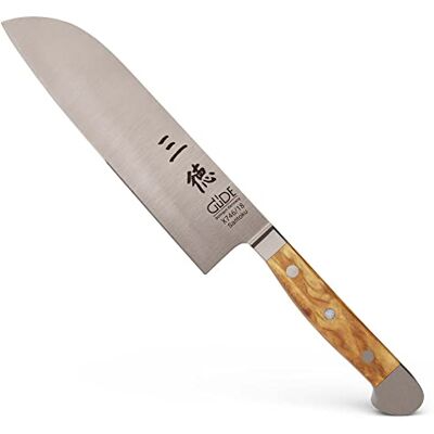 Güde Solingen X746/18 Santokumes gesmeed, 18 cm, olijfhout, alfa-olijf, dubbele druppels, handgemaakt in Duitsland Güde Solingen X746/18 Santokumes gesmeed, 18 cm, olijfhout, alfa-olijf, dubbele druppels, handgemaakt in Duitsland