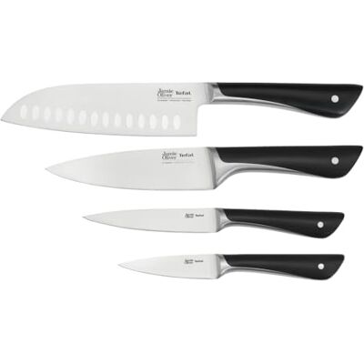 Tefal Jamie Oliver by K267S4 4-delige messenset, koksmes, Santoku-mes, universeel mes, schilmes, onderscheidend design, robuuste messen, roestvrij staal/zwart Tefal Jamie Oliver by K267S4 4-delige messenset, koksmes, Santoku-mes, universeel mes, schilmes, onderscheidend design, robuuste messen, roestvrij staal/zwart