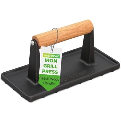 NutriChef Steakpers van gietijzer, zware hamburgerpers met houten handvat, voor steak, burger, vlees, spek, voor grill, plancha, pan en grill, uniform invoermerk NutriChef Steakpers van gietijzer, zware hamburgerpers met houten handvat, voor steak, burger, vlees, spek, voor grill, plancha, pan en grill, uniform invoermerk