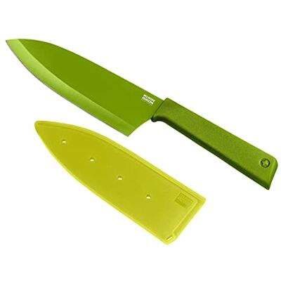 KUHN RIKON COLORI+ 27,5 cm groot Santoku-mes met lemmetbescherming van roestvrij staal, anti-aanbaklaag, groen KUHN RIKON COLORI+ 27,5 cm groot Santoku-mes met lemmetbescherming van roestvrij staal, anti-aanbaklaag, groen