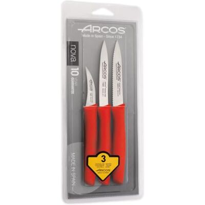 Arcos Set van 3 schilmessen, 3 roestvrijstalen messen met ergonomische handgreep van polypropyleen voor het snijden van fruit, groenten en knollen. Nova-serie, kleur rood. Arcos Set van 3 schilmessen, 3 roestvrijstalen messen met ergonomische handgreep van polypropyleen voor het snijden van fruit, groenten en knollen. Nova-serie, kleur rood.