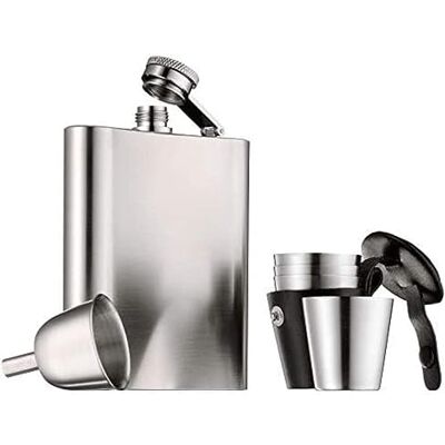 WMF Manhattan Flachmann-set, 6-delig, 200 ml 20 cl, met trechter, stamper in leren etui, Cromargan roestvrij staal gematteerd, 13 x 10 cm, cadeau-idee WMF Manhattan Flachmann-set, 6-delig, 200 ml 20 cl, met trechter, stamper in leren etui, Cromargan roestvrij staal gematteerd, 13 x 10 cm, cadeau-idee