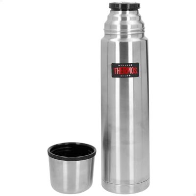 Thermos Thermax fles, 1 l, zilverkleurig 24 uur koud, met beker, absoluut lekvrij, automatische sluiting, demonteerbaar, fles van roestvrij staal Thermos Thermax fles, 1 l, zilverkleurig 24 uur koud, met beker, absoluut lekvrij, automatische sluiting, demonteerbaar, fles van roestvrij staal