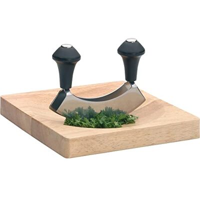 KitchenCraft Mezzaluna Chopper en houten snijplank, mes met dubbel lemmet van roestvrij staal/hout, 2-delige set, zilver/zwart KitchenCraft Mezzaluna Chopper en houten snijplank, mes met dubbel lemmet van roestvrij staal/hout, 2-delige set, zilver/zwart