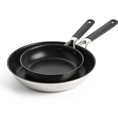 KitchenAid Classic Stainless Steel Set van 2 koekenpannen van gezond keramiek, PFAS-vrij, 20 cm en 28 cm, Clad, inductie, Stay-Cool handvat, oven tot 160 °C, zilverkleurig KitchenAid Classic Stainless Steel Set van 2 koekenpannen van gezond keramiek, PFAS-vrij, 20 cm en 28 cm, Clad, inductie, Stay-Cool handvat, oven tot 160 °C, zilverkleurig
