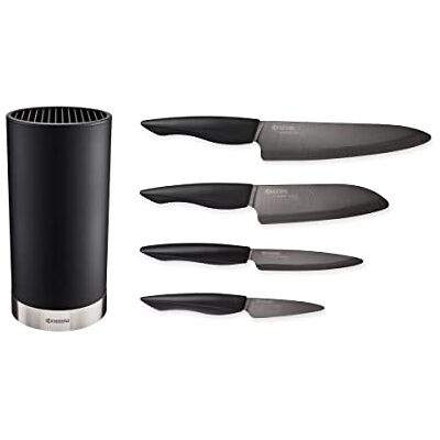Kyocera KB-RD BK 4KN ZK EU keramische messenset met schilmes, universeel mes, Santoku-mes en rond blok voor 8 messen, zwart zirkonia-keramisch lemmet Kyocera KB-RD BK 4KN ZK EU keramische messenset met schilmes, universeel mes, Santoku-mes en rond blok voor 8 messen, zwart zirkonia-keramisch lemmet
