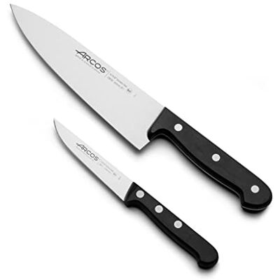 Arcos 2-delige messenset nitrum roestvrij staal. Lemmet 363 mm. Professioneel keukenmes. Ergonomisch handvat POM. Universele serie. Kleur zwart Arcos 2-delige messenset nitrum roestvrij staal. Lemmet 363 mm. Professioneel keukenmes. Ergonomisch handvat POM. Universele serie. Kleur zwart