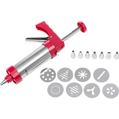 Westmark Bakpers/vulspuit met 8 gietschijven en 8 spuitmonden, inhoud: 250 ml, roestvrij staal/kunststof, zilver/rood, 32332260 Westmark Bakpers/vulspuit met 8 gietschijven en 8 spuitmonden, inhoud: 250 ml, roestvrij staal/kunststof, zilver/rood, 32332260