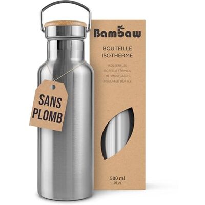 Bambaw Drinkfles van roestvrij staal, 500 ml, thermosfles, ecologische drinkfles, herbruikbare drinkfles, drinkfles van roestvrij staal, zonder kunststof, houdt warm en koud bamboeflesje Bambaw Drinkfles van roestvrij staal, 500 ml, thermosfles, ecologische drinkfles, herbruikbare drinkfles, drinkfles van roestvrij staal, zonder kunststof, houdt warm en koud bamboeflesje