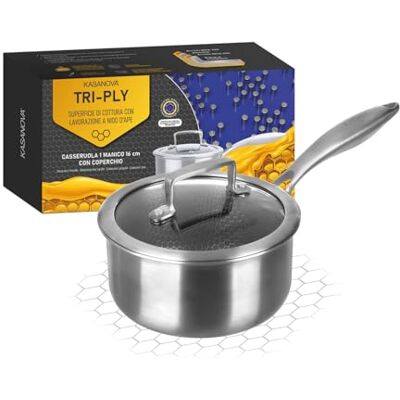 KASANOVA Tri-Ply inductiekookpan met glazen deksel 3-laagse antiaanbaklaag (16 cm) KASANOVA Tri-Ply inductiekookpan met glazen deksel 3-laagse antiaanbaklaag (16 cm)
