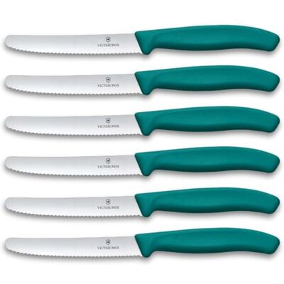 Victorinox Swiss Classic tomaten- en tafelmessenset voor professionals, 6-delig, getande snede, scherpe messen, 11 cm, stevige kunststof handgrepen, groen Victorinox Swiss Classic tomaten- en tafelmessenset voor professionals, 6-delig, getande snede, scherpe messen, 11 cm, stevige kunststof handgrepen, groen