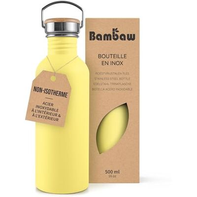 Bambaw 500 ml roestvrijstalen waterfles, geel, niet-geïsoleerde waterfles, metalen waterfles, BPA-vrij, lekvrij, herbruikbare waterfles, gele straal Bambaw 500 ml roestvrijstalen waterfles, geel, niet-geïsoleerde waterfles, metalen waterfles, BPA-vrij, lekvrij, herbruikbare waterfles, gele straal