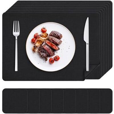 KitchenBoss Wasbare placemats, kunststof, dubbelzijdig, zwart, vierkant, 8 stuks KitchenBoss Wasbare placemats, kunststof, dubbelzijdig, zwart, vierkant, 8 stuks