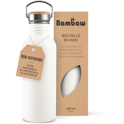 Bambaw Drinkfles van roestvrij staal, 500 ml, wit, sportfles, niet-geïsoleerde sportfles, roestvrijstalen fles, herbruikbare fles, fietsfles, fleece wit Bambaw Drinkfles van roestvrij staal, 500 ml, wit, sportfles, niet-geïsoleerde sportfles, roestvrijstalen fles, herbruikbare fles, fietsfles, fleece wit