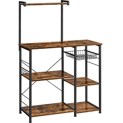 VASAGLE KKS35X Keukenrek, magnetronstandaard, met draadmand, 6 S-haken, opslag voor specerijen, potten, potten, rustiek bruin en zwart VASAGLE KKS35X Keukenrek, magnetronstandaard, met draadmand, 6 S-haken, opslag voor specerijen, potten, potten, rustiek bruin en zwart