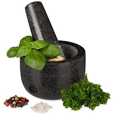 Relaxdays Granieten vijzel met stamper, robuust, voor specerijen, kruiden, steenmortel, gepolijst 8,5 cm, 400 ml, grijs Relaxdays Granieten vijzel met stamper, robuust, voor specerijen, kruiden, steenmortel, gepolijst 8,5 cm, 400 ml, grijs